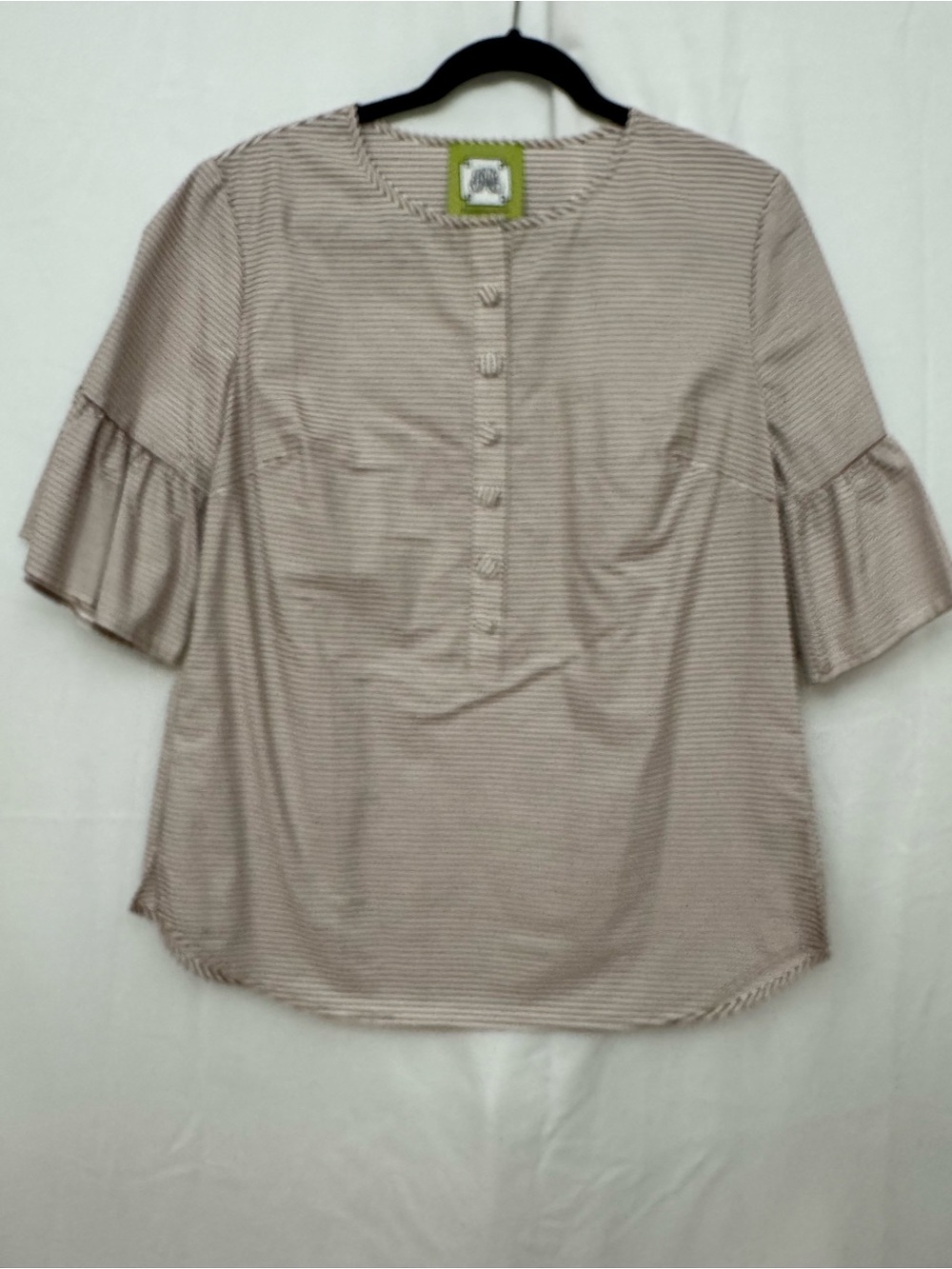 Elizabeth McKay Striped Flutter-Sleeve Women’s Top in Beige